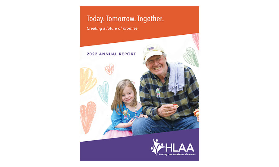 Grandfather and his granddaughter enjoying time together on the cover of the HLAA 2022 annual report