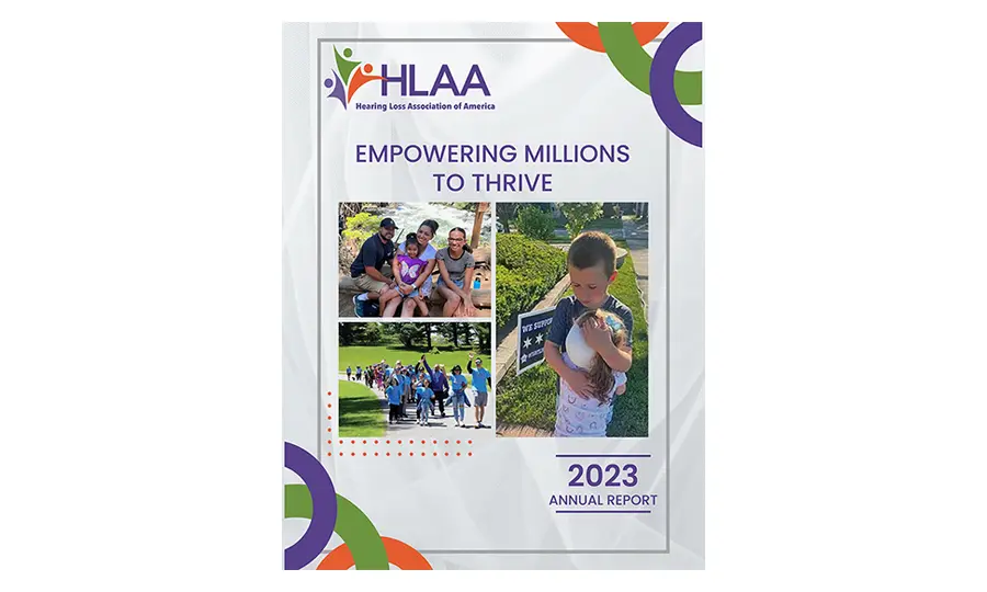 Annual report cover with various outdoor pictures of people impacted by hearing loss