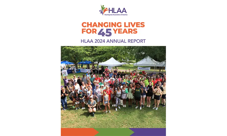 HLAA 2024 annual report 45 years cover with a large group of people celebrating.