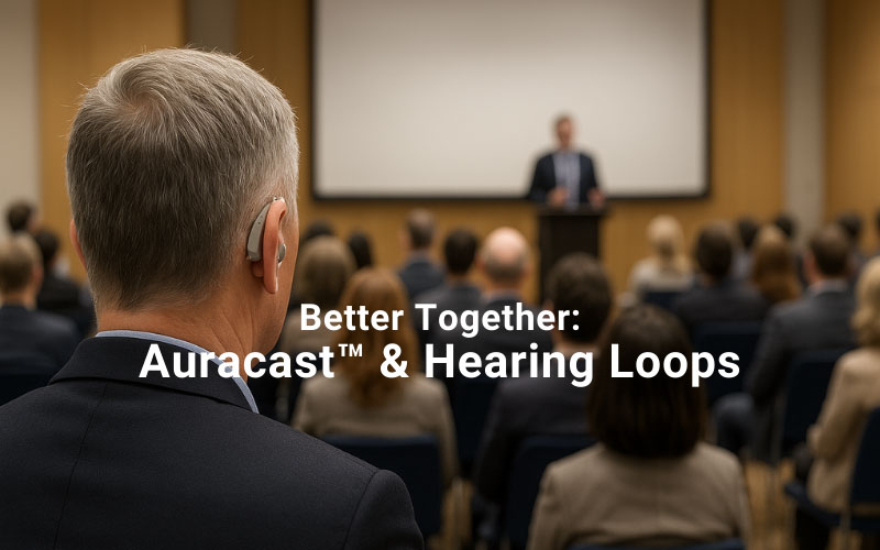 Man wearing hearing aids in the foreground with blurred background of crowd during a presentation