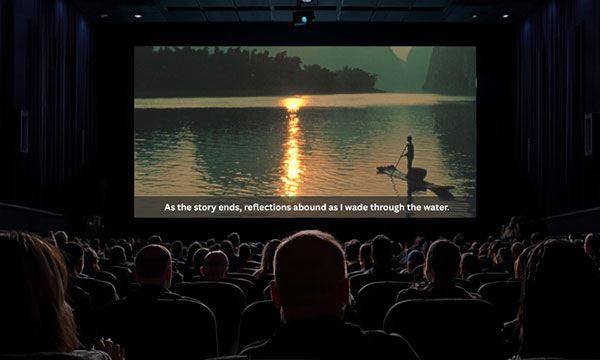 People watching a movie with caption viewing from the back.