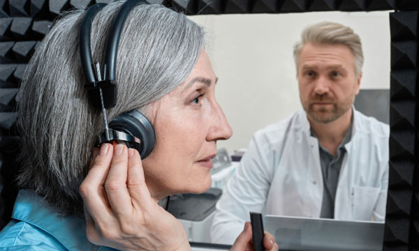 older-woman-getting-hearing-test Older woman in a sound booth getting a hearing test.