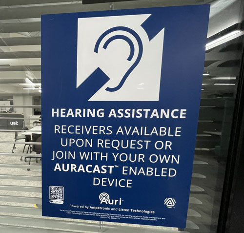 Display of Auracast hearing assistance receivers sign.