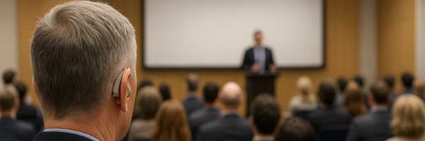 A man in the foreground wearing a hearing aid listening to a presentation