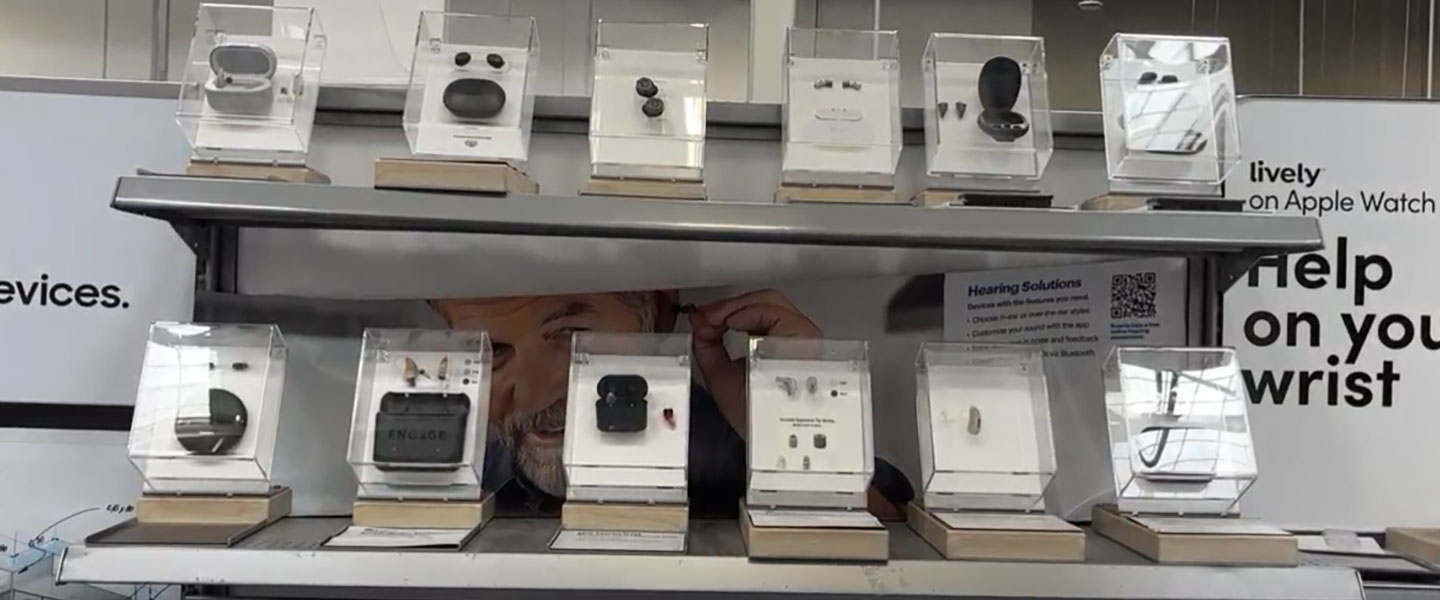 Shelves displaying Over the counter hearing aids