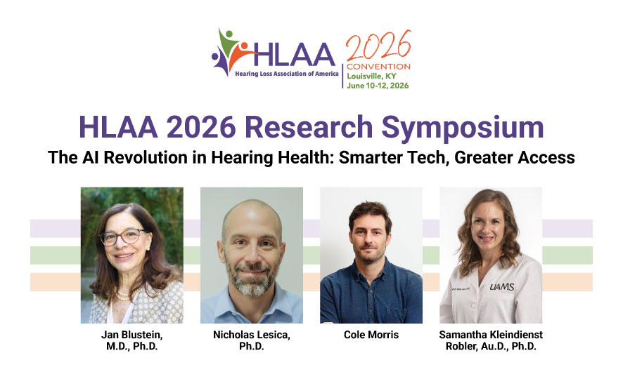Headshots of panelists and moderator speaking at the HLAA 2026 research symposium