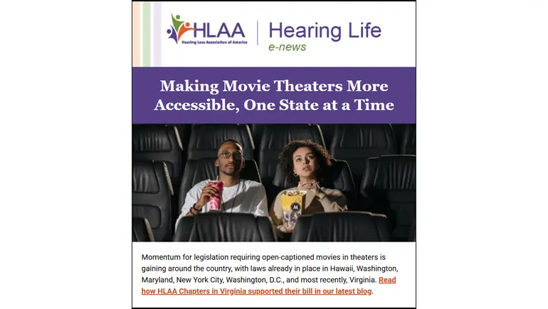 HLAA July 2026 edition of the Hearing Life e-news with the Virginia captioning bill passage as the main story