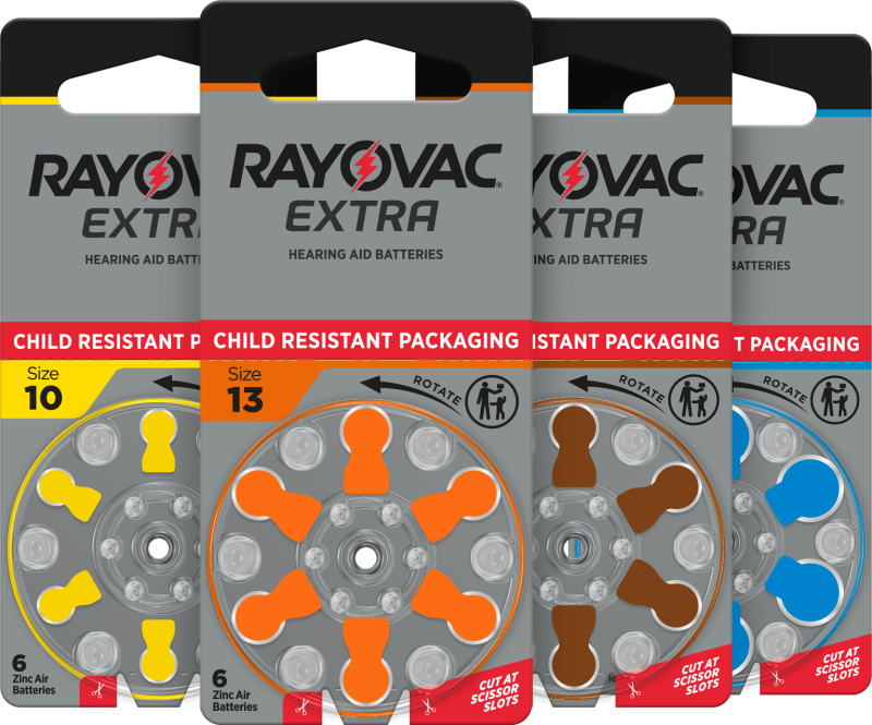 Photo of four Rayovac Extra Child Resistant Hearing Aid Batteries packages.
