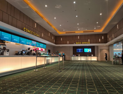 Front view of a typical movie theater lobby