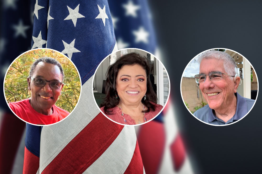 Round inset headshots of three veterans against an American flag background