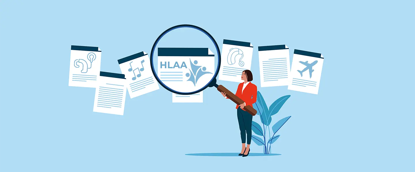 Illustration of a woman holding magnifying glass over hearing related news articles