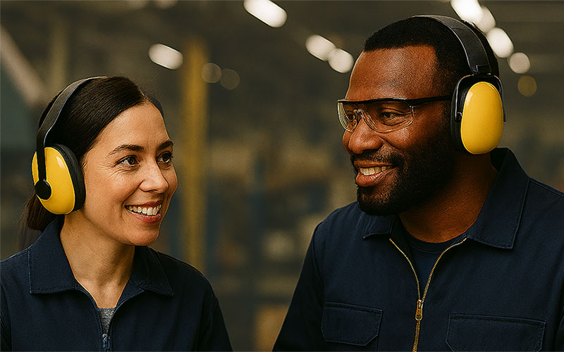 Two workers wearing hearing protection headphones in a warehouse.