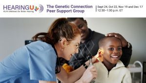 Healthcare professional uses an otoscope to examine a smiling boy's ear as a supportive adult watches in the background, banner visible above.