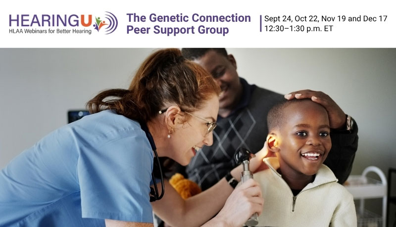 Healthcare professional uses an otoscope to examine a smiling boy's ear as a supportive adult watches in the background, banner visible above.