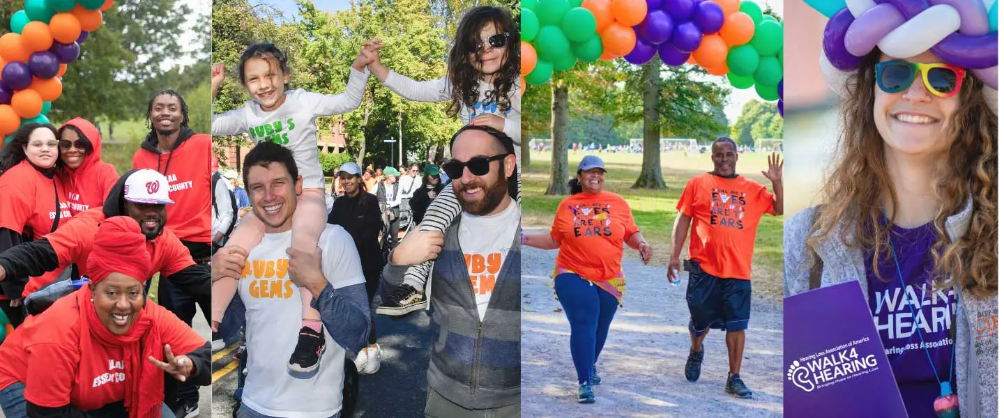 Various scenes of people celebrating at Walk4Hearing events