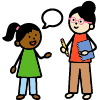 A child talking to an adult with a bubble caption