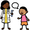 Illustration of female doctor in a white coat consulting with a young girl patient, doctor holding a stethoscope and talking to her.