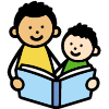 Two children smiling while reading a large blue book together.